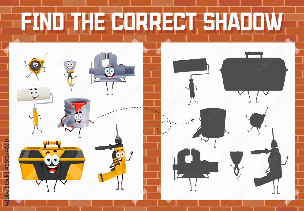 Wall mural find the correct shadow of cartoon repair, diy and work tool characters. kid vector board game works