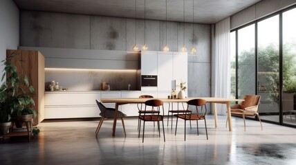 Modern spacious bright kitchen with dining area, table and chairs. Minimalistic design, free space, large panoramic windows with stunning views of the garden. The concept of a modern Generative AI