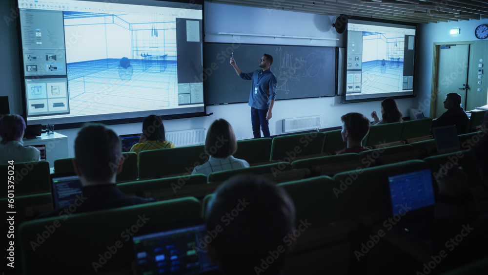 Poster young male lecturer giving an architectural engineering lecture to diverse multiethnic group of fema