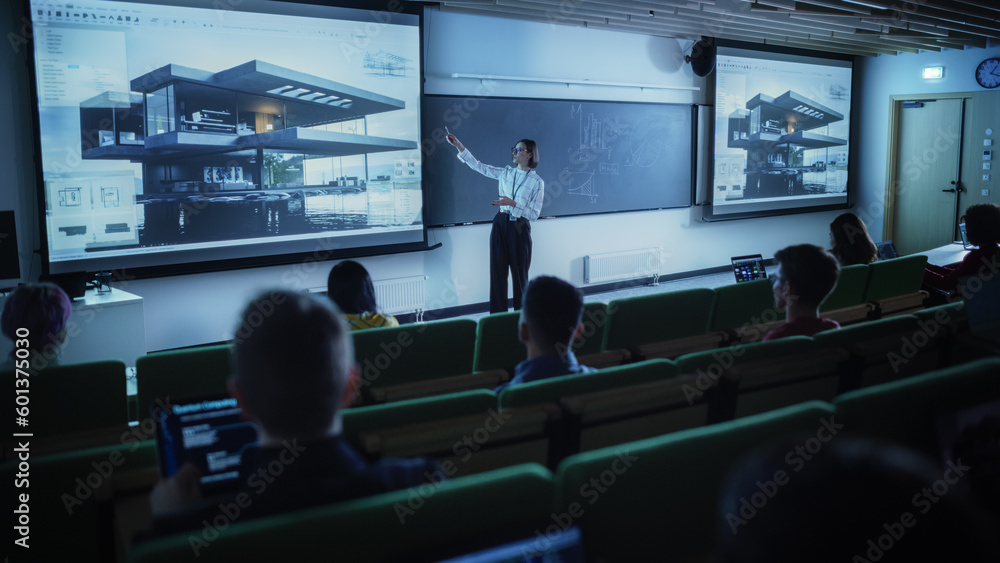 Aufkleber young university professor explaining an interior design styles lecture to a group of diverse multie