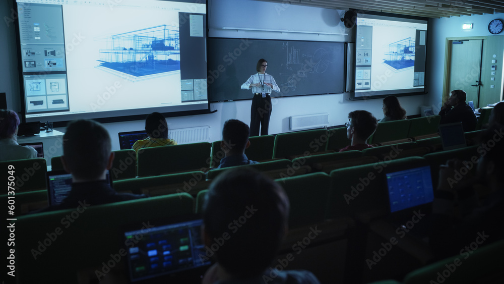 Poster Young University Professor Explaining an Interior Design Styles Lecture to a Group of Diverse Multiethnic Students in a Dark Auditorium. Female Teacher Showing a Housing Project on Two Big Screens