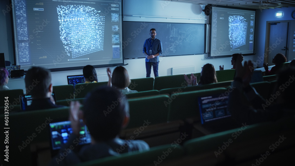 Aufkleber Diverse Multicultural Students Studying in University Room, Listening to a Young Multiethnic Professor Explaining Big Data and Artificial Intelligence Research Project. Computer Science Education