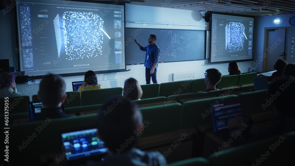 Poster young male teacher giving a data science lecture to diverse multiethnic group of female and male stu