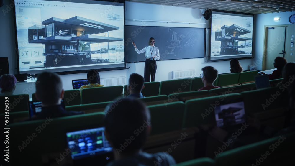 Fototapete young university professor explaining an interior design styles lecture to a group of diverse multie