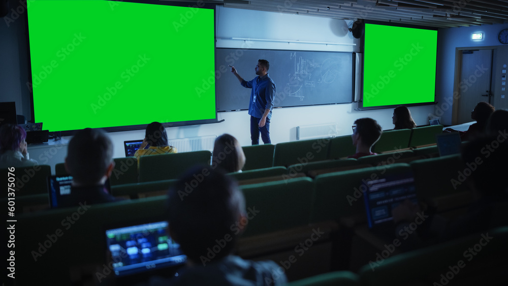 Poster young university professor explaining a lecture, pointing on a green screen mock up display. group o