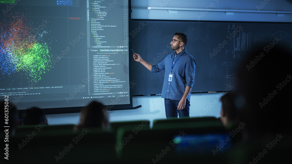 Aufkleber Portrait of a Young Male Teacher Giving a Data Science Lecture to Diverse Multiethnic Group of Female and Male Students in Dark College Room. Projecting Slideshow with a Neural Network Model