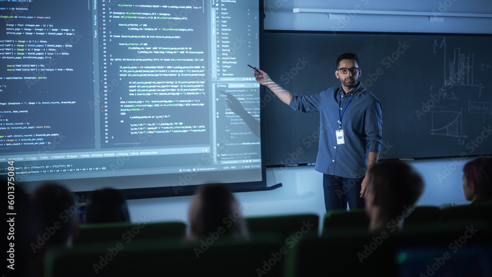 Aufkleber Portrait of a Young Male Teacher Giving a Data Science Lecture to Diverse Multiethnic Group of Female and Male Students in Dark College Room. Projecting Slideshow with a Neural Network Model
