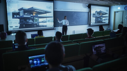 Young University Professor Explaining an Interior Design Styles Lecture to a Group of Diverse...