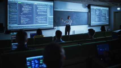 Young University Professor Explaining the Importance of Artificial Intelligence to a Group of...