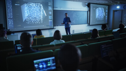 Young University Professor Explaining the Importance of Artificial Intelligence to a Group of...