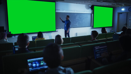 Young University Professor Explaining a Lecture, Pointing on a Green Screen Mock Up Display. Group...