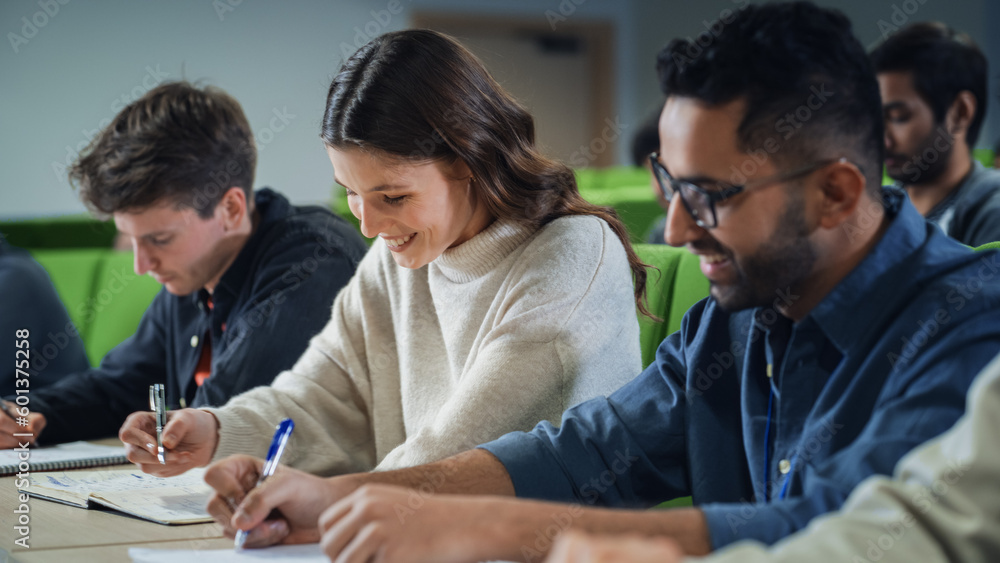 Poster Smart Young Students Studying in University with Diverse Multiethnic Classmates. Scholars Have a Conversation in College Room. Applying Knowledge and Talking to Each Other in Class