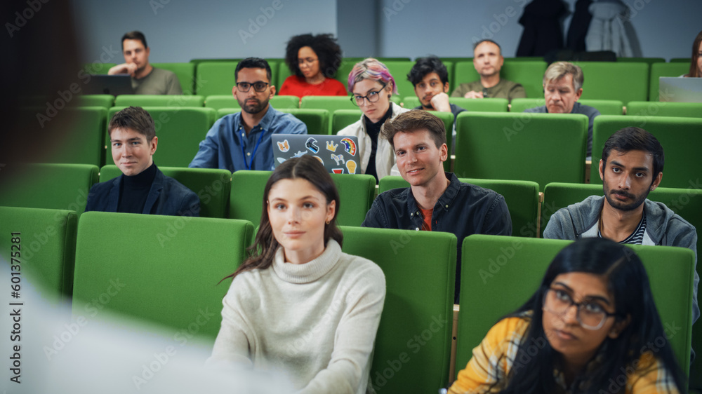 Aufkleber diverse multicultural students studying in university room, listening to a professor giving a lectur