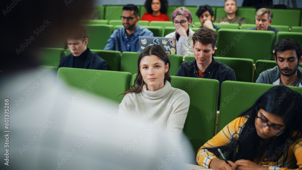 Poster diverse multicultural students studying in university room, listening to a professor giving a lectur