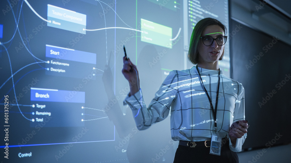 Poster Portrait of a Young Female Professor Explaining Big Data and Artificial Intelligence Research Project in a Dark Room with a Screen Showing a Neural Network Model. Computer Science Education in College