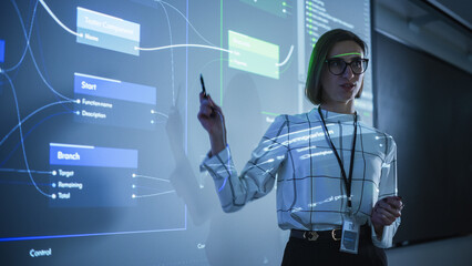 Portrait of a Young Female Professor Explaining Big Data and Artificial Intelligence Research Project in a Dark Room with a Screen Showing a Neural Network Model. Computer Science Education in College - obrazy, fototapety, plakaty