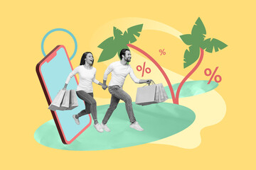 Template digital collage of two people friends family booking resort on special low cost using app device traveling