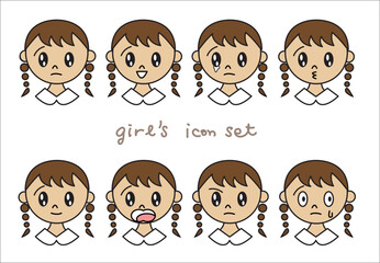 おさげの女の子のいろいろな表情のアイコンセット