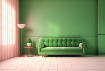 empty room with green couch 3d illustration, generative ai