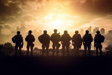 Fototapeta na wymiar A group of military silhouettes on a battlefield created with Generative AI