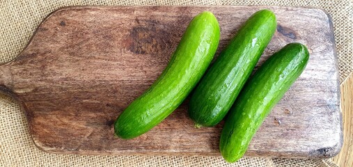Fresh cucumbers on a wooden board close-up. Green cucumber on a wooden board. Small green cucumbers on the table. Juicy cucumbers for cooking. Fresh healthy vegetables.