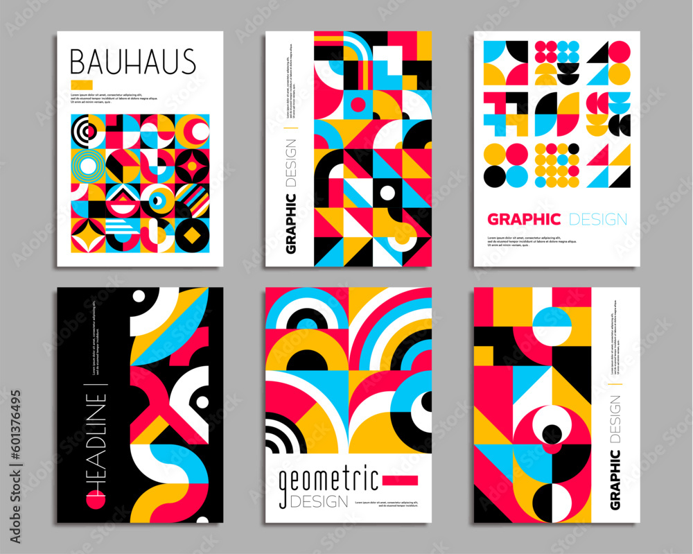 Aufkleber Bauhaus posters. Geometric abstract background patterns with minimal abstract shapes. Vector vintage art layout templates with bold typography and primitive elements as circles, triangles and squares