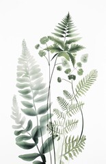 fern branches and leaves in a white background, generative ai