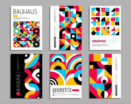 Bauhaus posters. Geometric abstract background patterns with minimal abstract shapes. Vector vintage art layout templates with bold typography and primitive elements as circles, triangles and squares