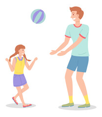 Dad and daughter play ball isolated on white. Man in mint color T-shirt, wears purple skirt, striped ball. People play in the fresh air. Family outdoor recreational activities. Flat image on white