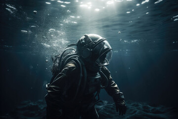 Fototapeta na wymiar An astronaut is floating in the ocean. Spaceman in the underwater. Generative AI