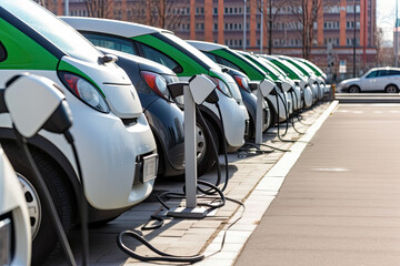 The electric cars are charging on parking with the charging station.. Generative AI
