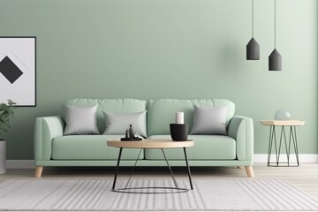 interior background sofa modern room comfortable couch pillow lifestyle space empty. Generative AI.