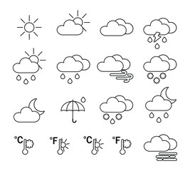 Obraz premium Weather forecast linear icons set. Flat colored weather icons.