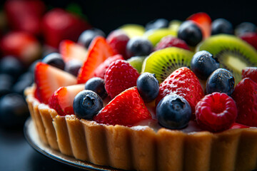 Fruit tart filled with pastry cream and topped with fresh berries.