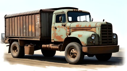 A cargo truck with a rugged and weathered appearance, parked on a white background