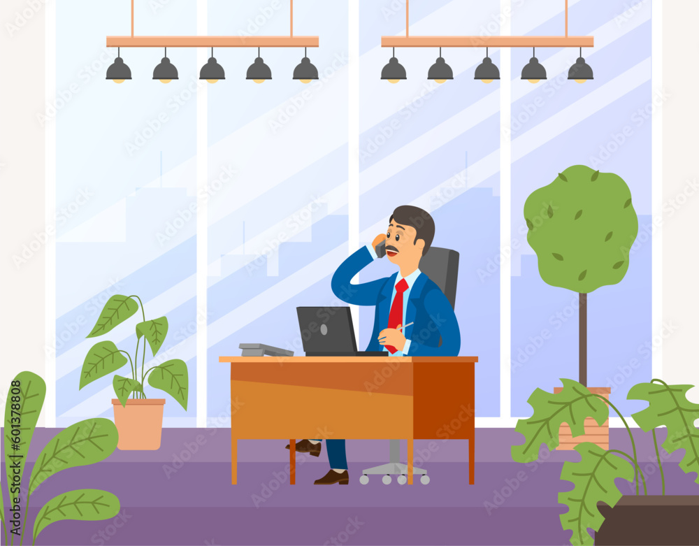 Poster businessman working at the computer sitting at a table in office space with big panoramic window. ad