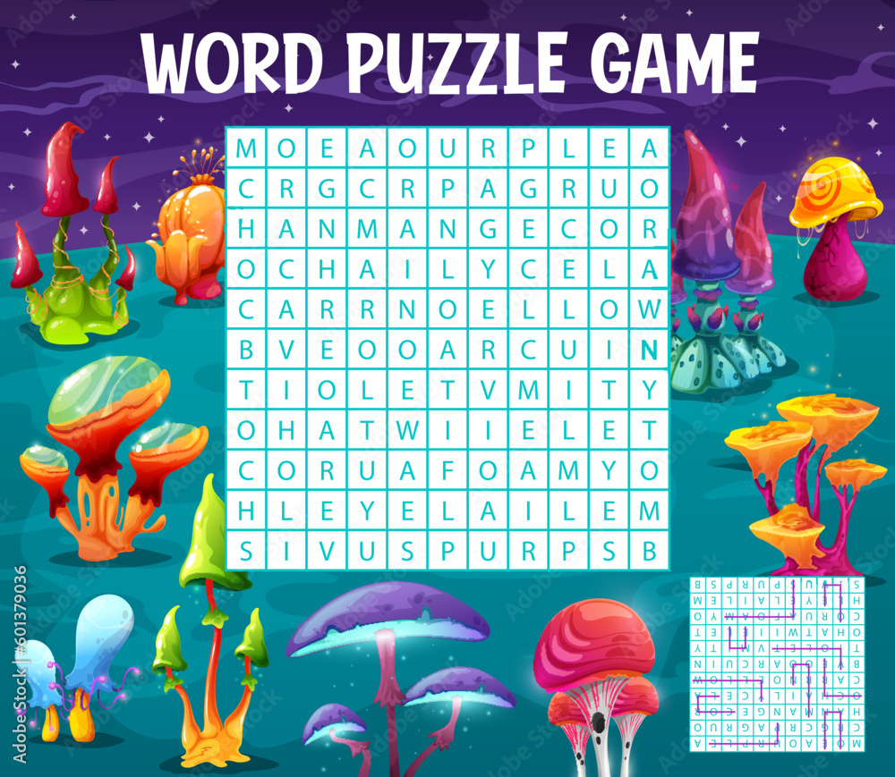 Aufkleber find a color of mushroom caps on alien space planet. word search puzzle quiz game worksheet. vector 