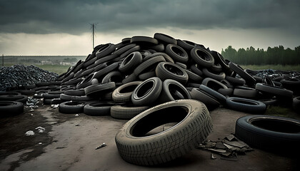 landfill with old tires for recycling - obrazy, fototapety, plakaty