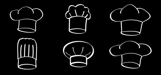 Cartoon chef's hats. Chef clothing uniform caps. Vector icon or symbol. Toque cuisine chef for kitchen. Chef hat or cap. Cook logo.