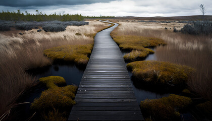 Fototapeta premium Wood path through the black bog moor