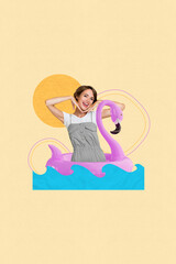 Creative collage photo advertisement swimming pool resort waves girl wear inflatable lifebuoy ring flamingo isolated on yellow background