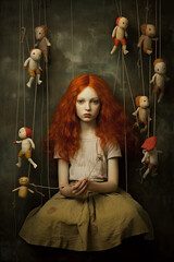 Girl surrounded by puppets on a string surrealism Generative AI - obrazy, fototapety, plakaty