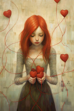Girl holding a bunch of hearts surrounded by hearts on a string Generative AI
