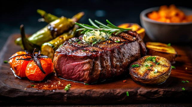 Perfectly Grilled Steak with Herb Butter and Roasted Vegetables.