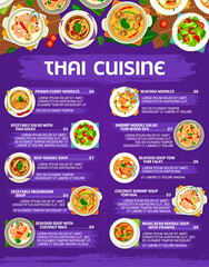 Naklejka premium Thai cuisine menu, Thailand dishes, noodles and soups, vector Asian traditional meals. Thai restaurant menu with seafood shrimps and prawn noodles, coconut or tom yum and vegetable mushroom soup