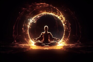 chakra meditation peace zen spiritual silhouette energy yoga aura pose. Generative AI.