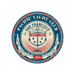 Yacht club retro patch, regatta sport badge. Yachting race crew stamp, nautical regatta vintage vector symbol or marine adventure patch. Sea navigation grunge badge with anchor, crow and laurel wreath