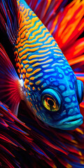 A close up of a colorful fish with bright colors. Generative AI.
