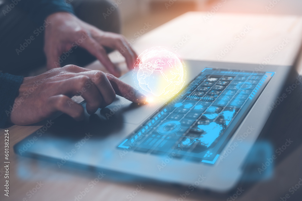 Aufkleber creativity inventor concept, man using computer laptop working with chart virtual glob research and 