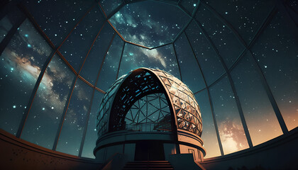 Open dome of a big telescope in an observatory in the background of the starry sky - obrazy, fototapety, plakaty
